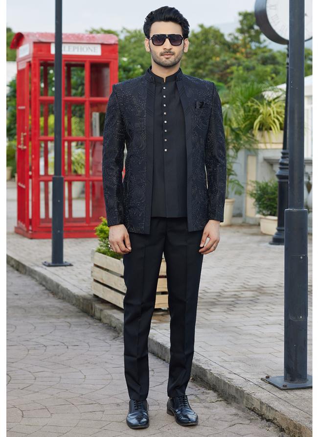 Art Silk Black Wedding Wear Thread Work Readymade Jodhpuri Suit(Top Only)